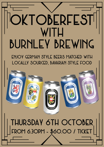Oktoberfest with Burnley Brewing Dinner -  Thursday 6th October from 6.30pm